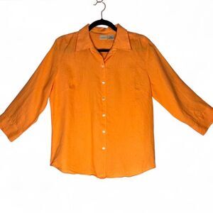 L.L.Bean 100% Linen Orange Button Up Shirt 3/4 Sleeves size M Like New